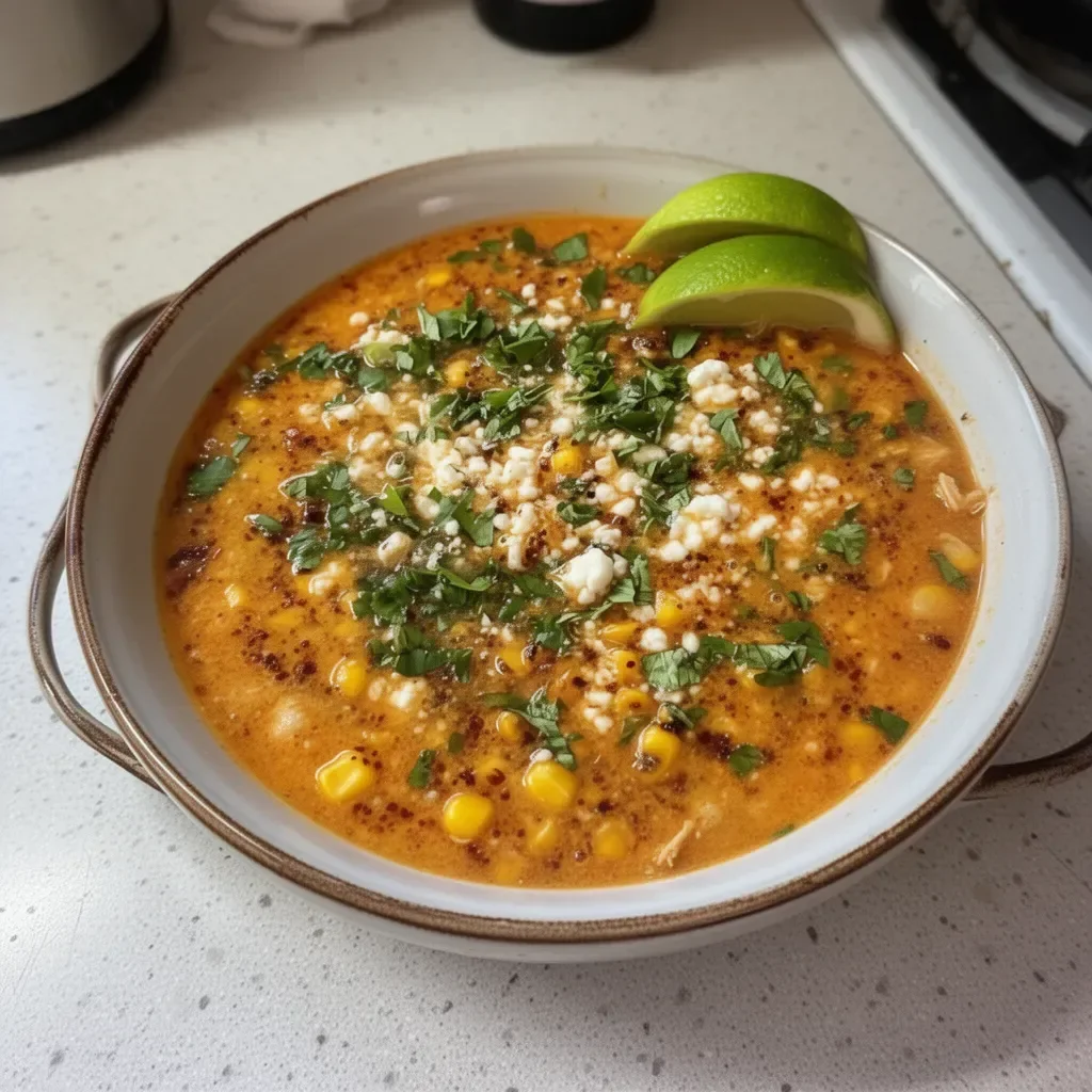 Bowl of Street Corn Chicken Chili topped with fresh ingredients
