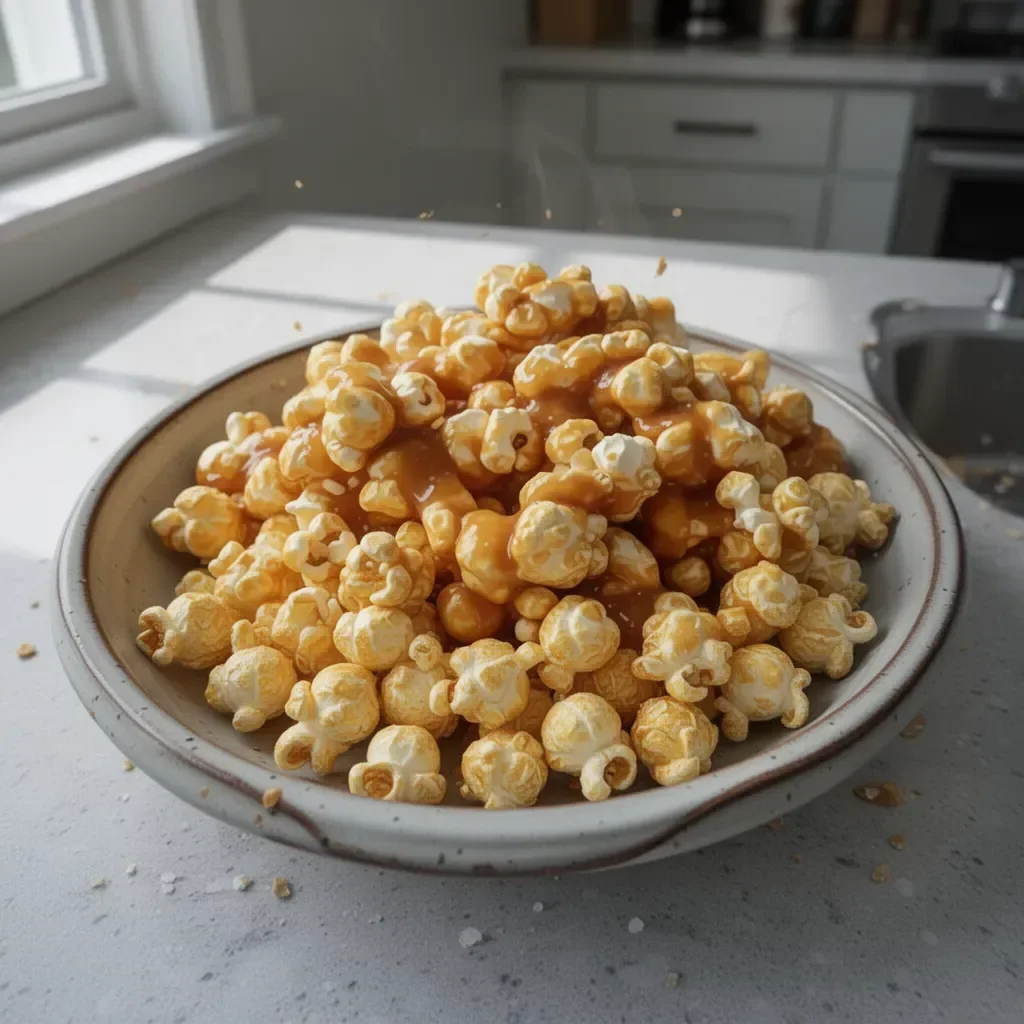 Delicious sweet caramel corn in a bowl, perfect for a tasty snack.