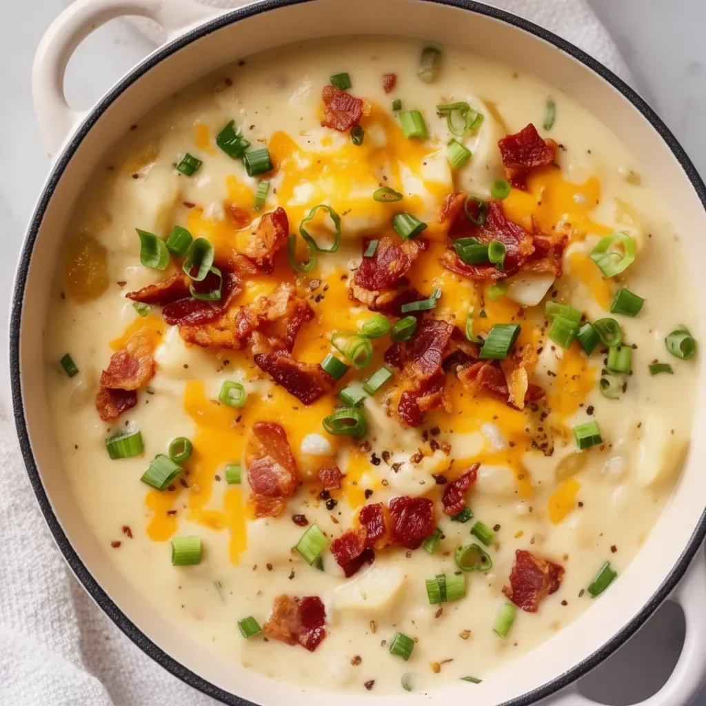Bowl of tasty loaded potato soup topped with cheese and green onions