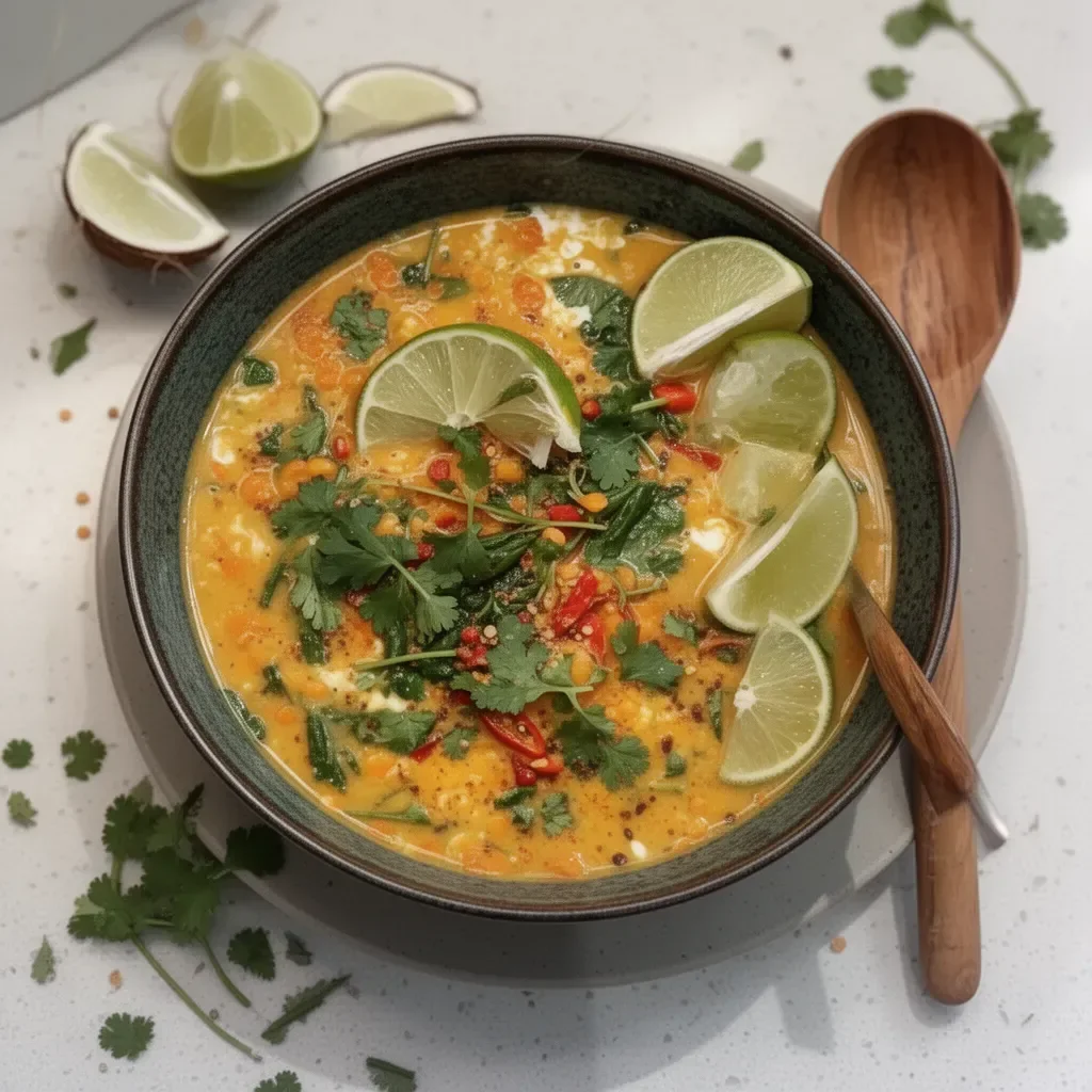 Bowl of Thai Coconut Red Lentil Soup garnished with herbs and spices