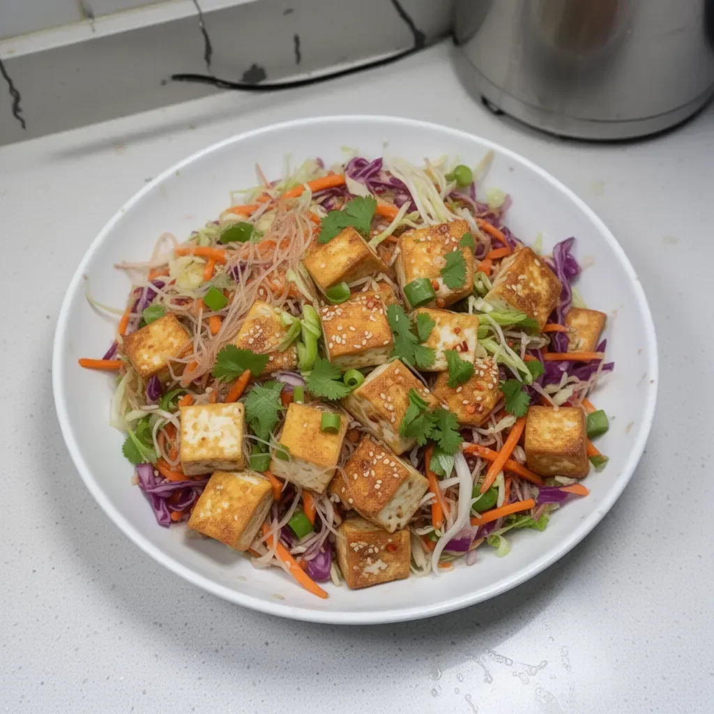 Delicious Tofu Spring Roll Salad with fresh vegetables and dipping sauce