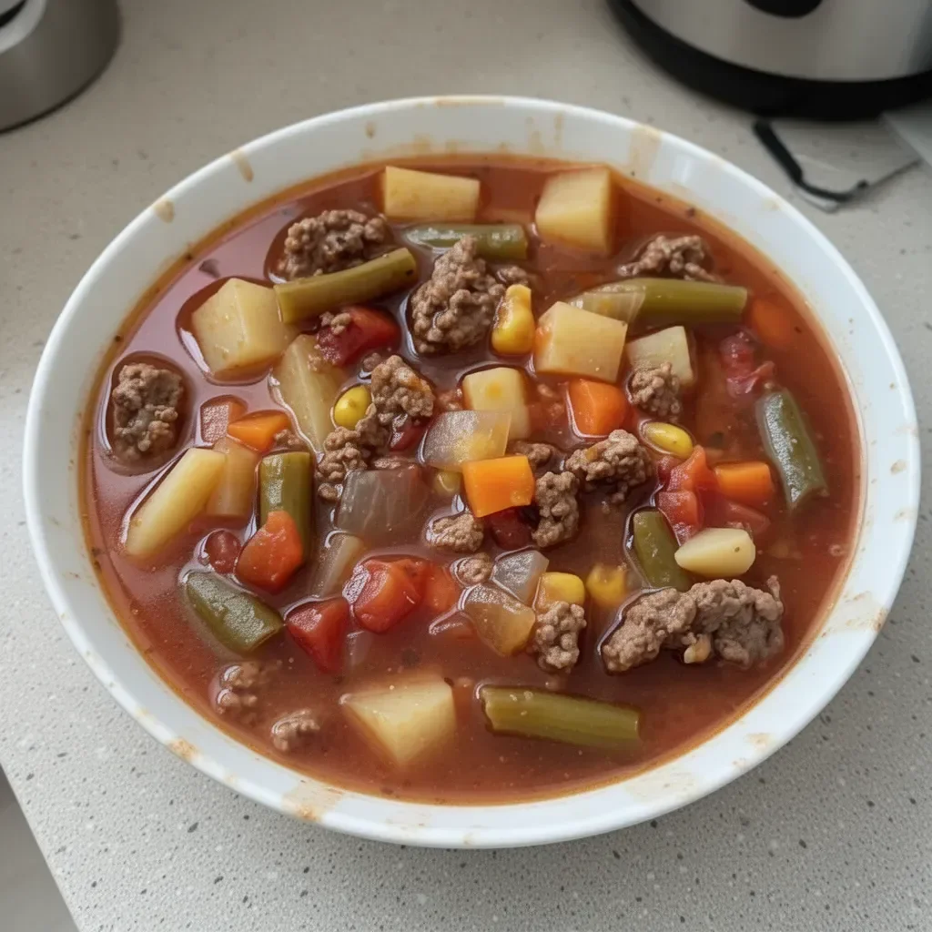 Bowl of hearty Vegetable Beef Soup with colorful vegetables and tender beef chunks.