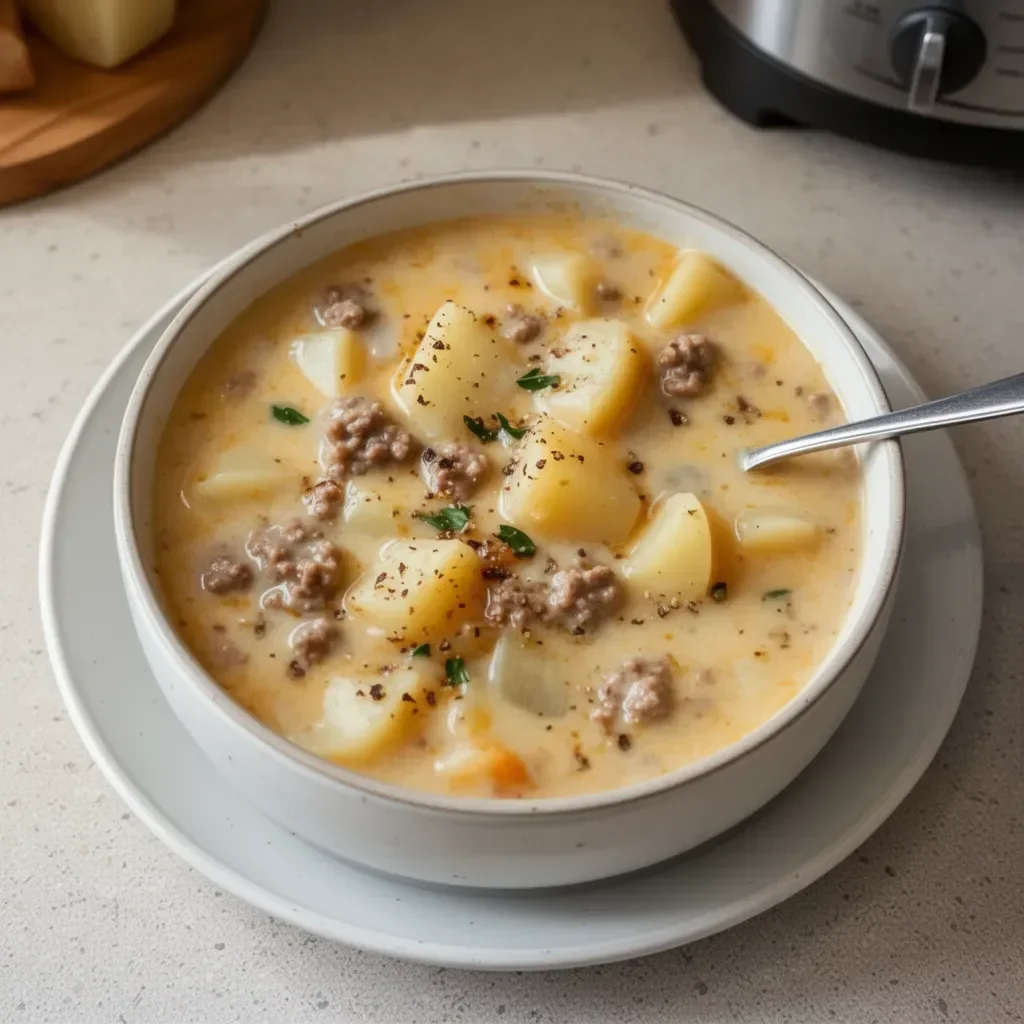 Bowl of Wisconsin-Style Crockpot Potato and Hamburger Soup topped with green onions