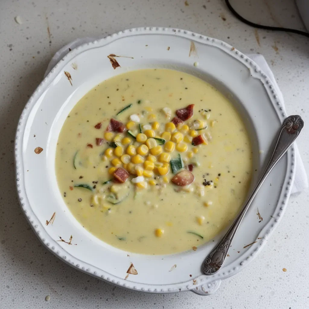 Bowl of creamy Zucchini Corn Chowder garnished with herbs