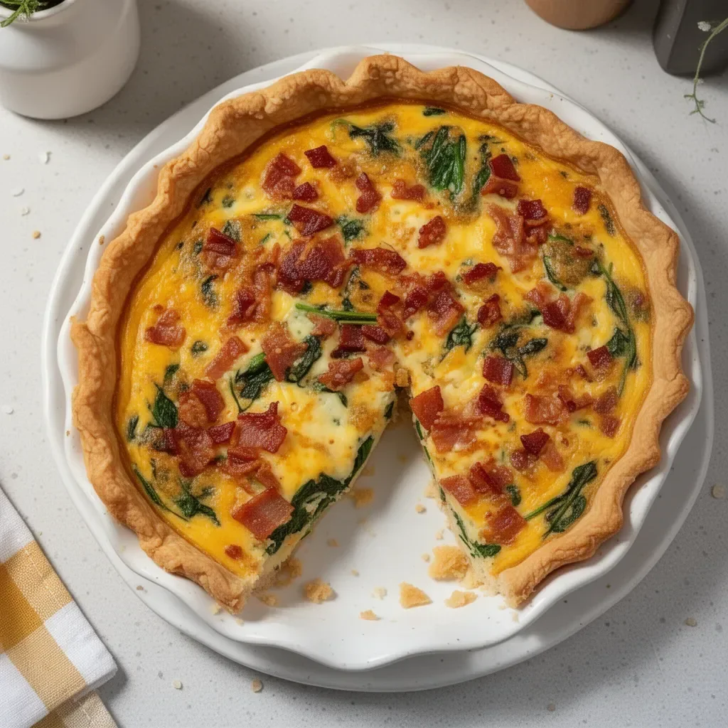 Delicious Bacon and Cheddar Quiche sliced and served on a plate
