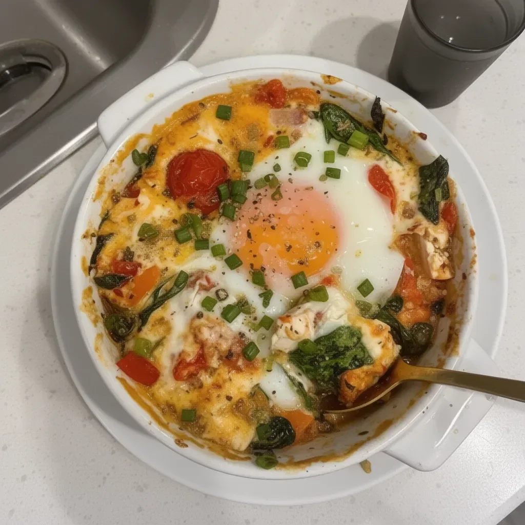 Delicious baked feta eggs served with tomatoes and spinach for breakfast