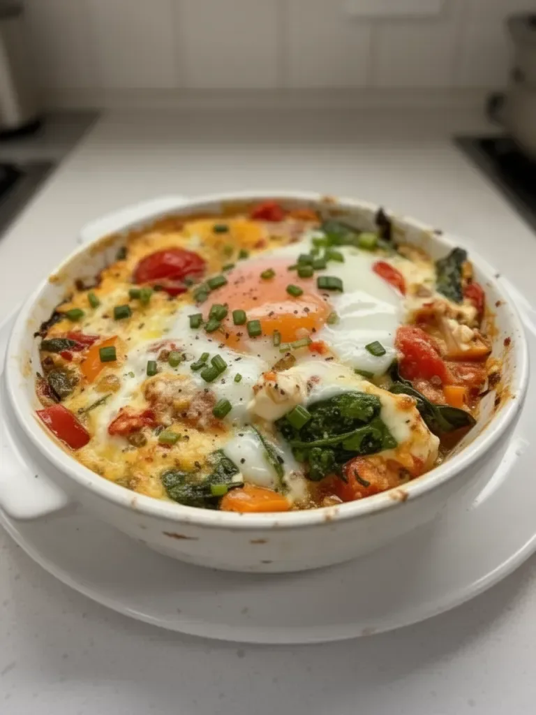 Baked Feta Eggs with Tomatoes and Spinach