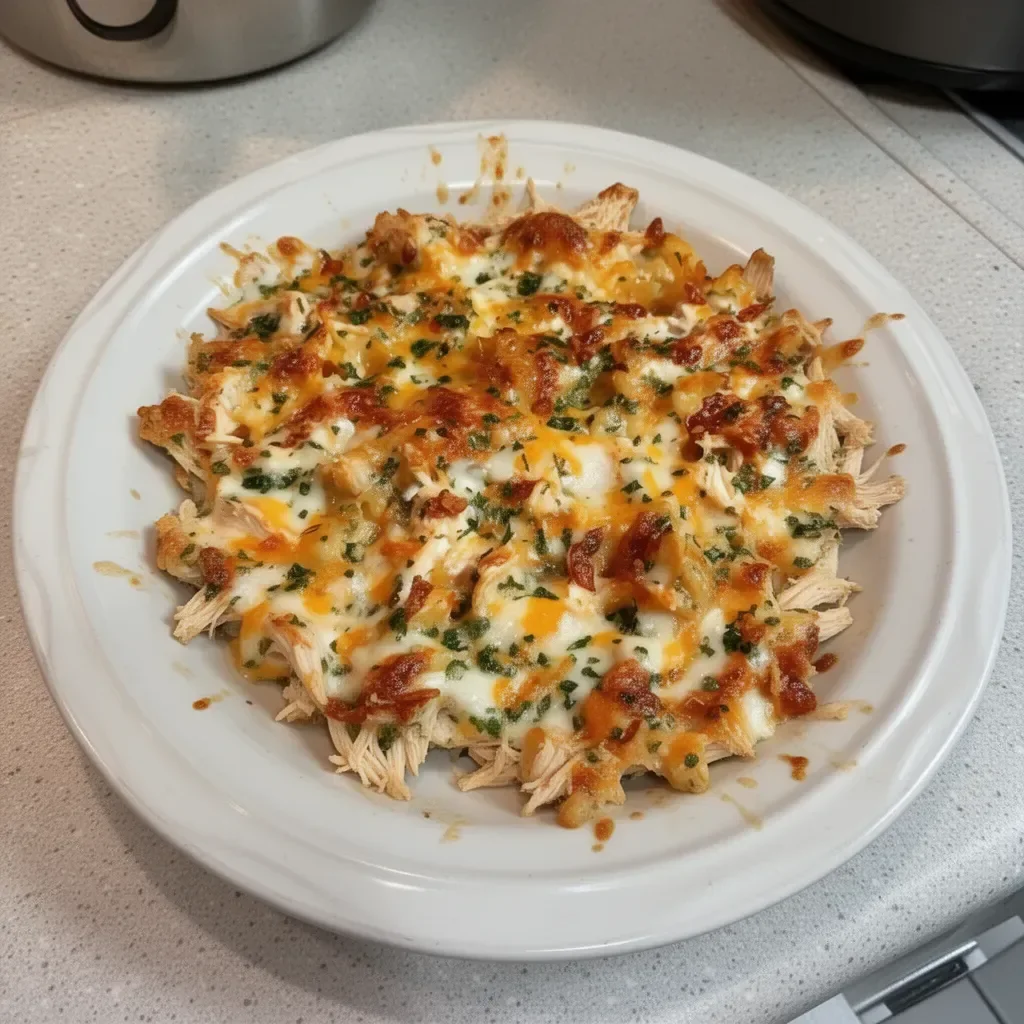BBQ Ranch Chicken Casserole topped with cheese and fresh herbs