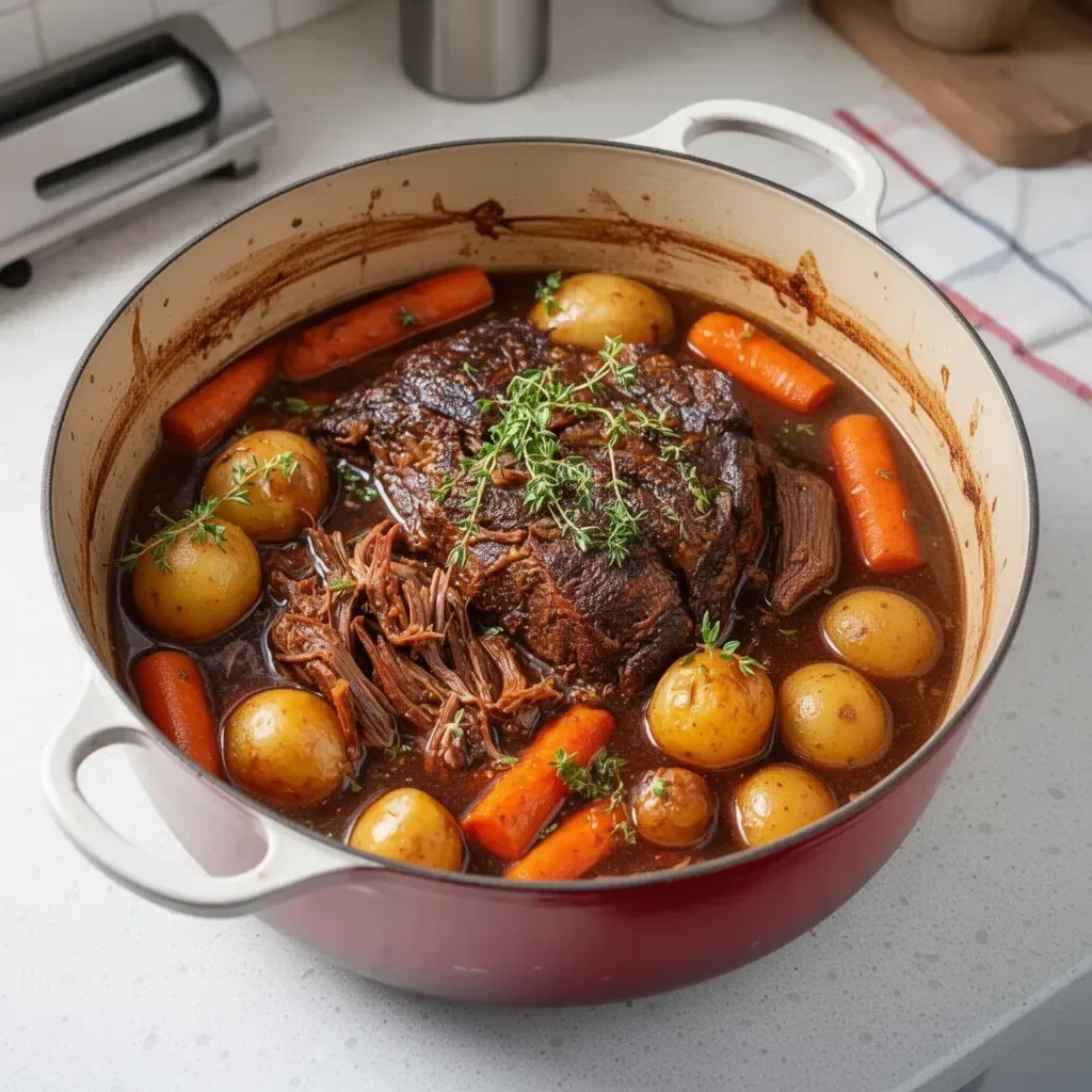 Delicious Dutch Oven Pot Roast served with vegetables and herbs for a hearty meal.