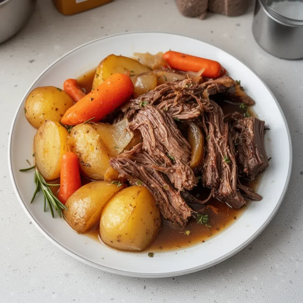 Delicious oven baked pot roast served with vegetables and gravy