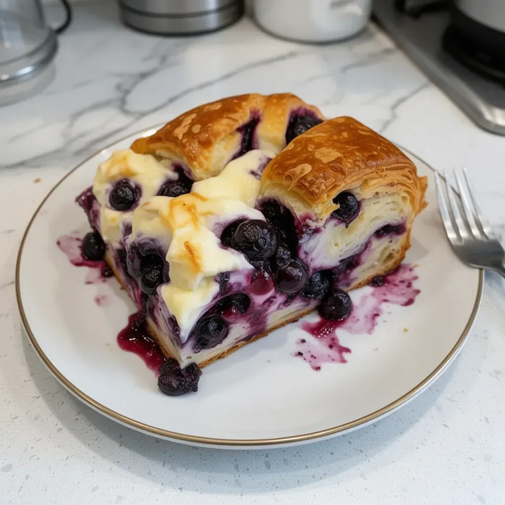 Delicious Blueberry Cream Cheese Croissant Casserole served warm and topped with blueberries.