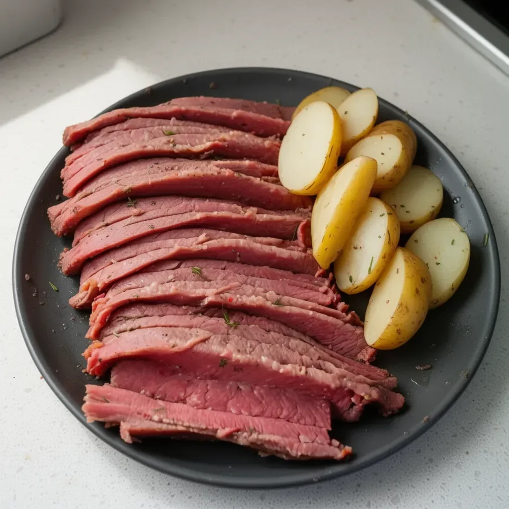 Delicious corned venison served on a rustic plate with herbs and spices