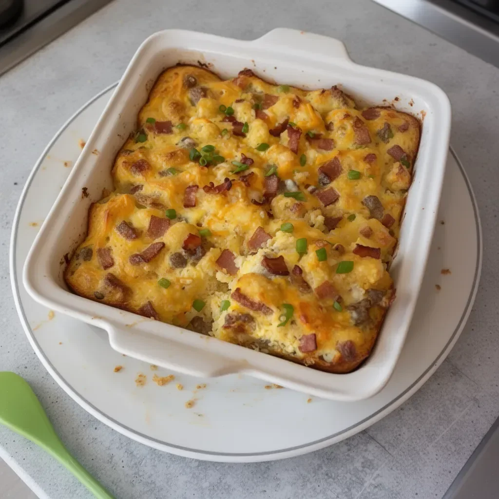 Delicious breakfast casserole with eggs, cheese, and vegetables in a baking dish.