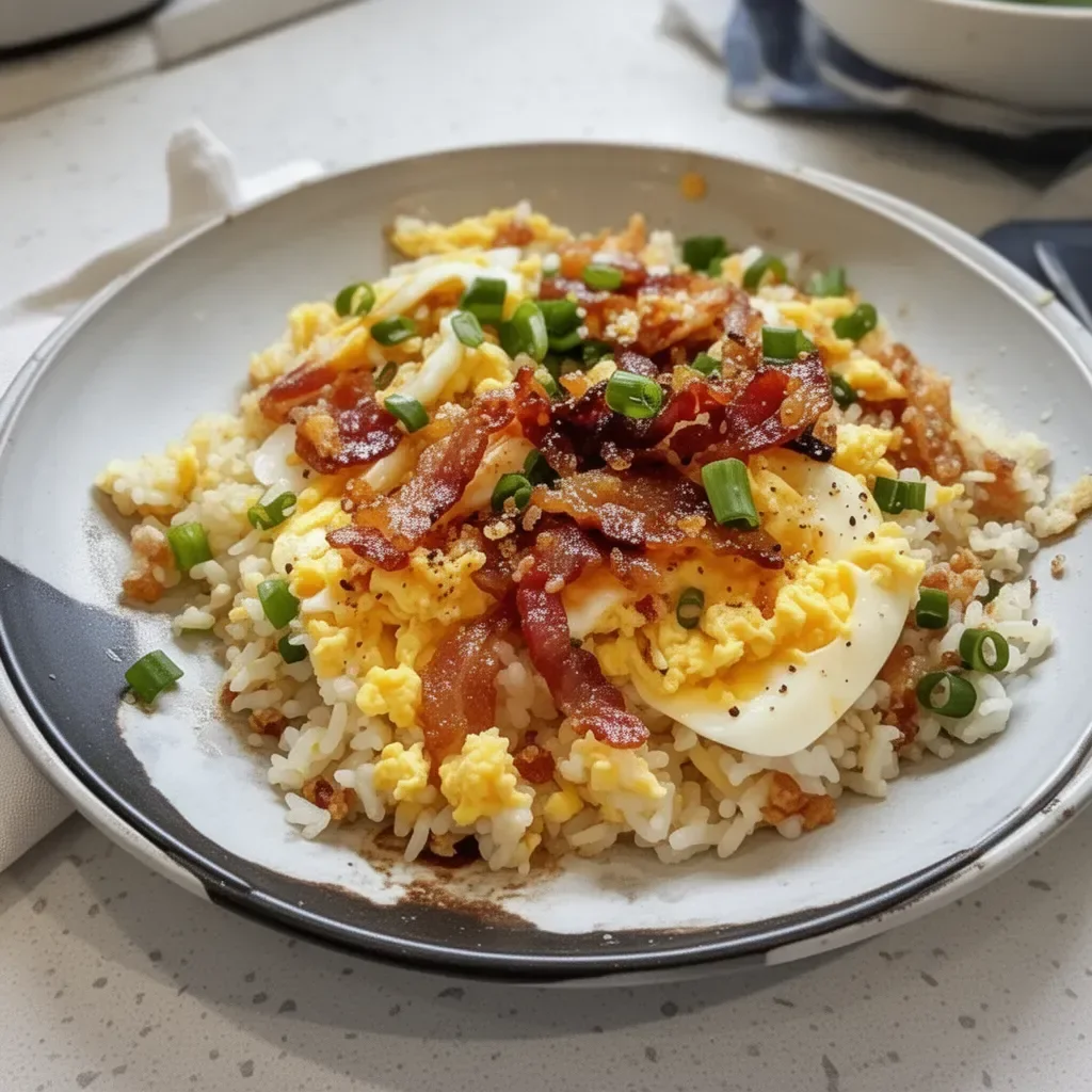 Delicious breakfast fried rice served in a bowl with vegetables and eggs