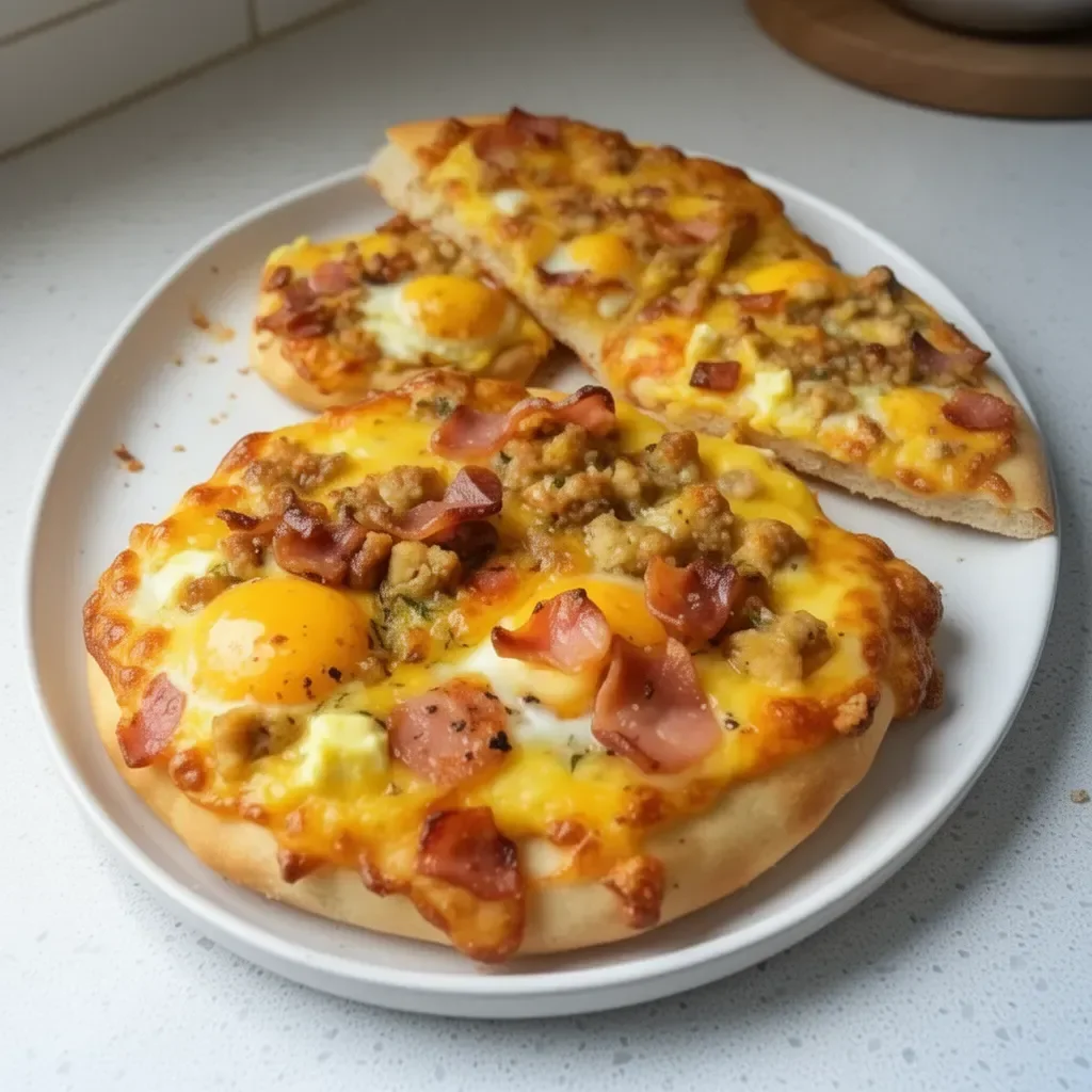 Delicious Breakfast Pizza with eggs, cheese, and fresh toppings