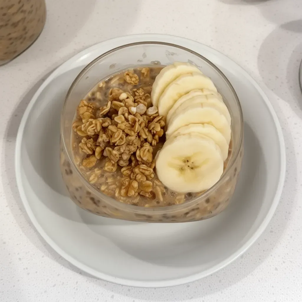 Bowl of brown sugar overnight oats topped with fruits and nuts