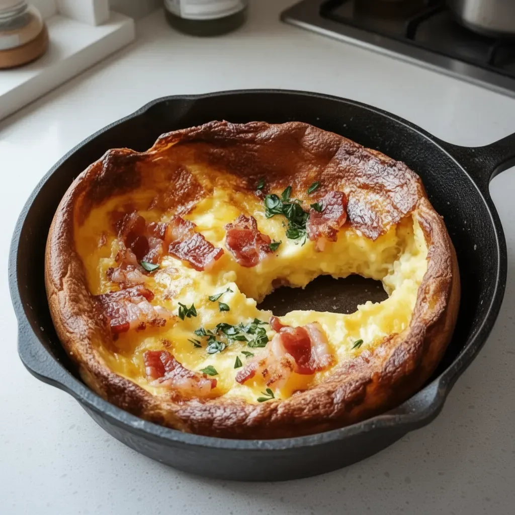 Delicious Cheddar Bacon Dutch Baby served on a plate with fresh herbs.