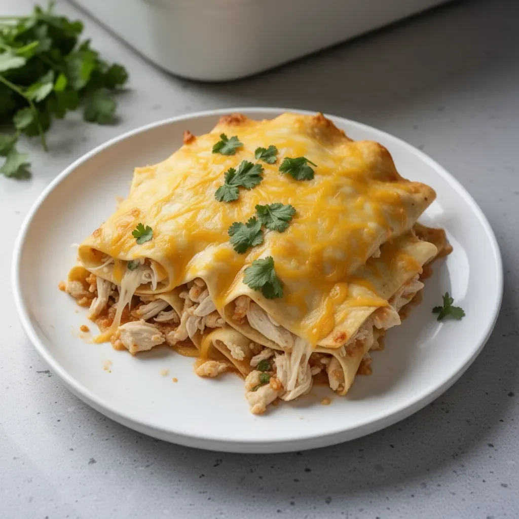 Delicious cheesy baked chicken enchilada casserole served in a dish