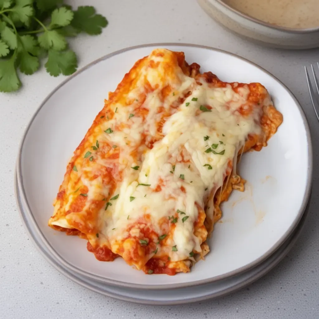 Cheesy baked chicken enchiladas garnished with fresh cilantro