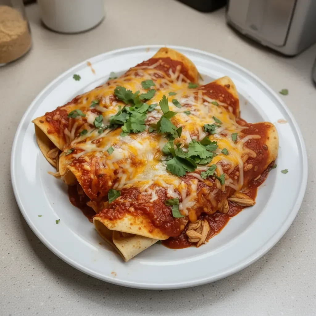 Cheesy rotisserie chicken enchiladas topped with melted cheese and fresh herbs
