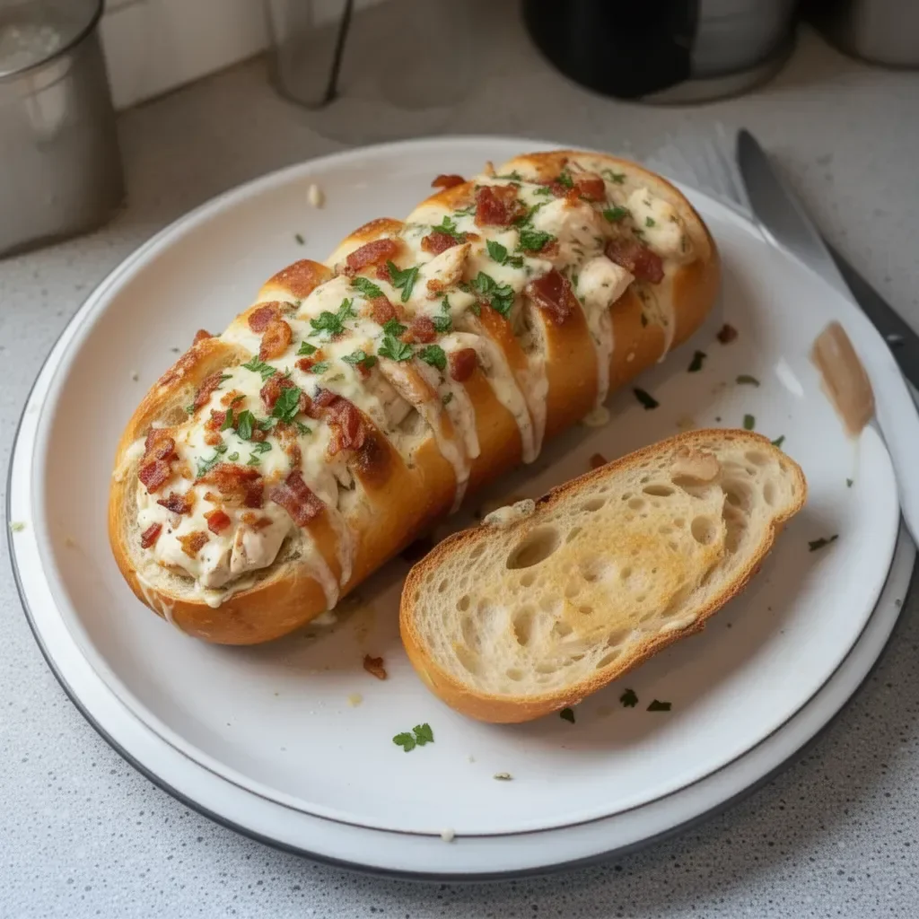 Chicken Bacon Ranch Stuffed Bread with crispy bacon and savory chicken filling
