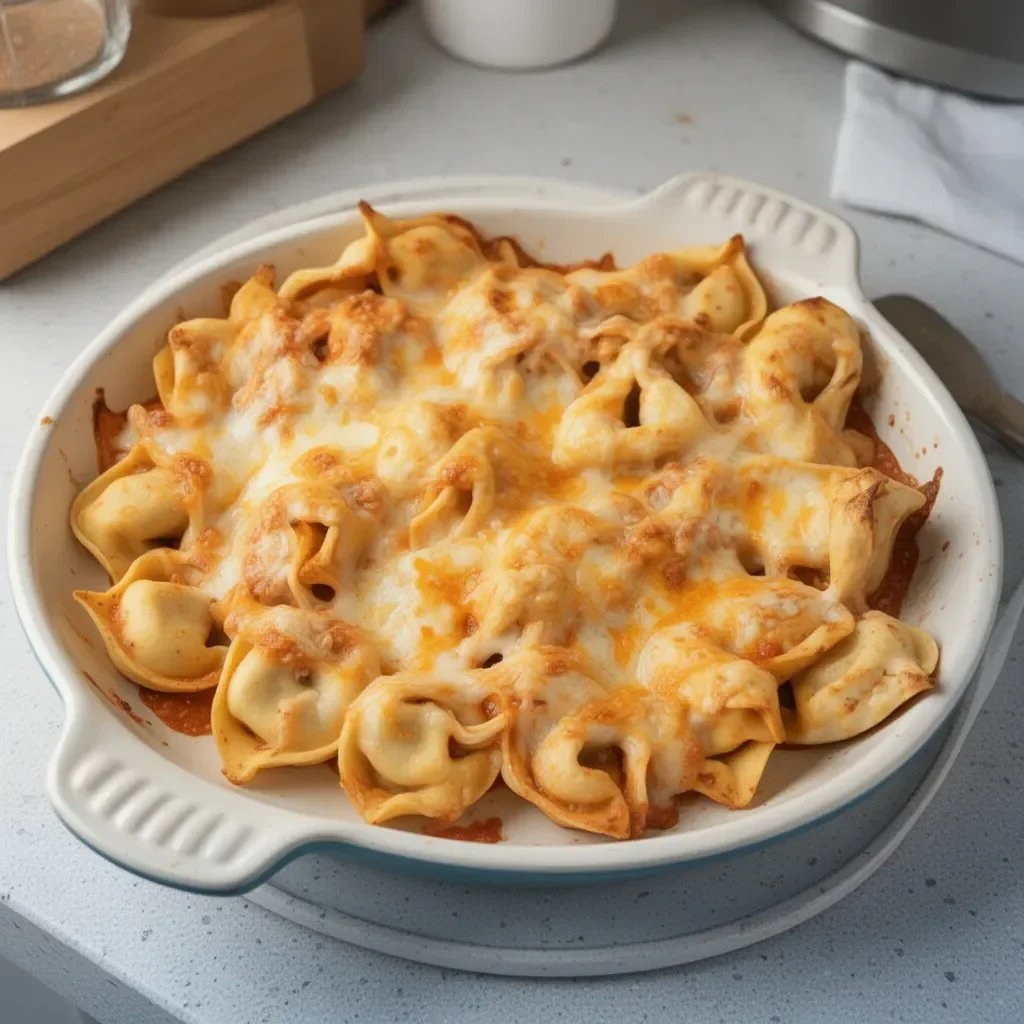 Delicious Chicken Enchilada Tortellini Bake topped with cheese and herbs