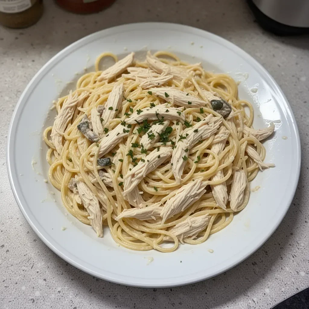 Delicious Chicken Tetrazzini served in a bowl with parsley garnish