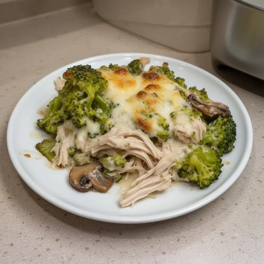 Comforting rotisserie chicken broccoli casserole topped with cheese
