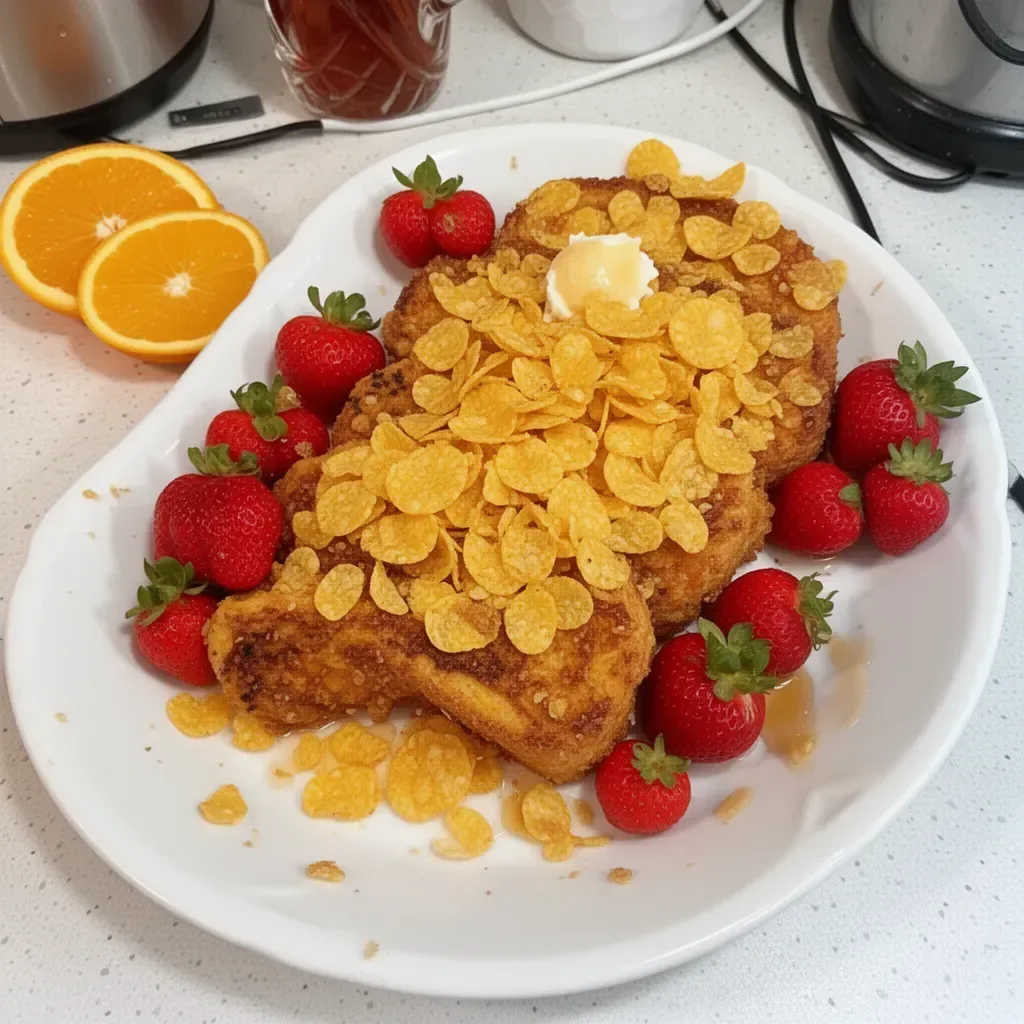 Delicious Corn Flake French Toast served on a plate with syrup and berries