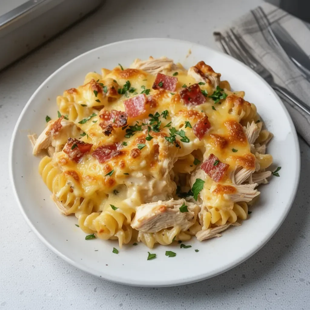 Delicious Crazy Good Chicken Pasta Casserole garnished with fresh herbs