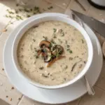 Cream of mushroom soup served in a bowl with fresh herbs on top