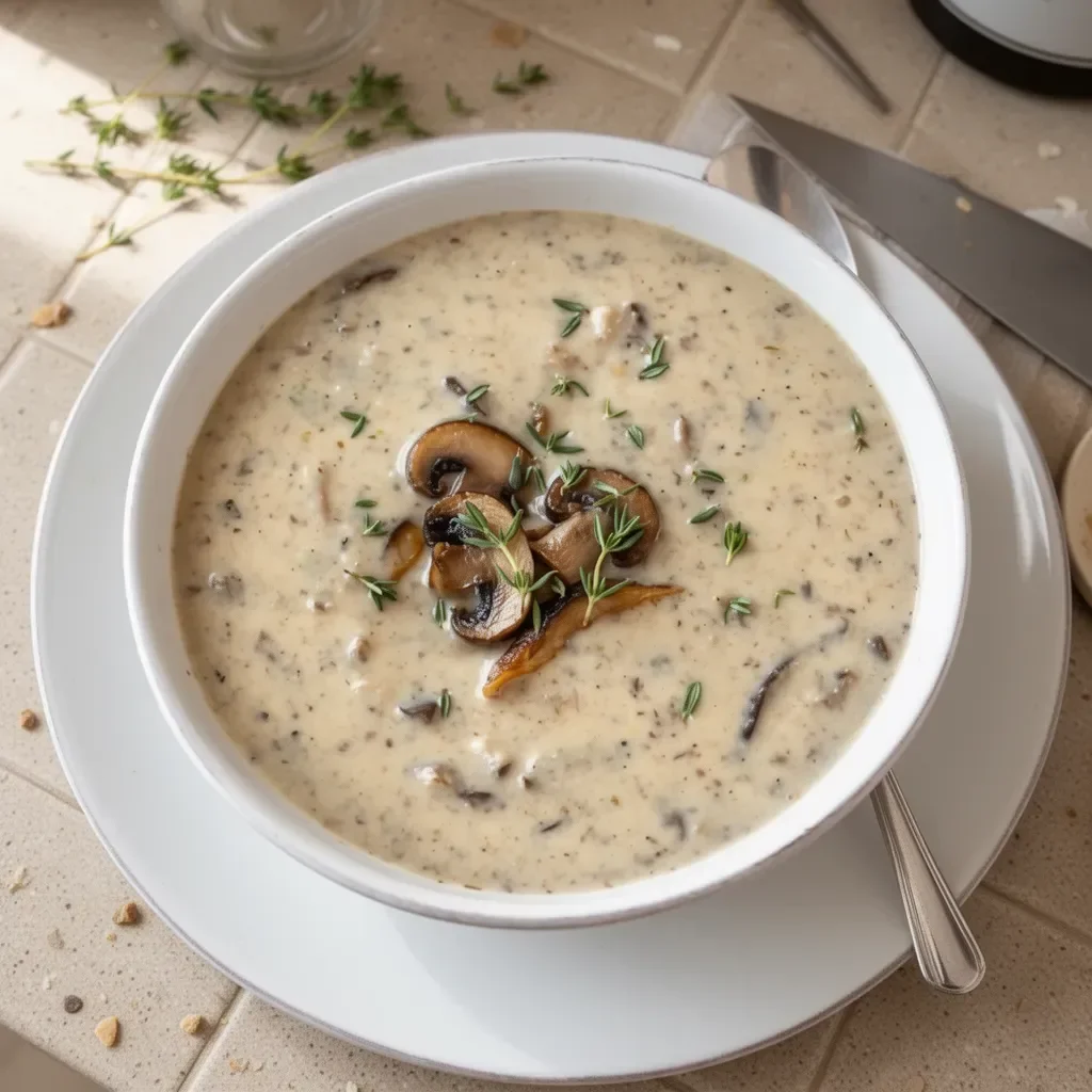 Cream of mushroom soup served in a bowl with fresh herbs on top