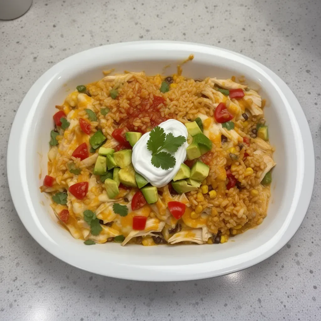 Creamy Mexican Rice and Chicken Dinner Casserole served in a baking dish