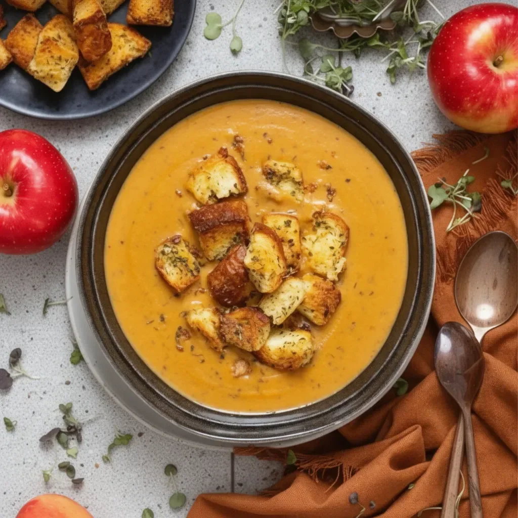 Creamy roasted apple pumpkin soup in a bowl with herbs and spices