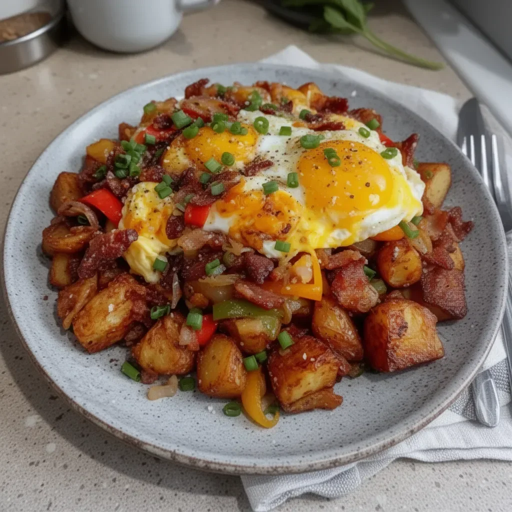 Crispy loaded breakfast hash featuring potatoes, bacon, and vibrant toppings.