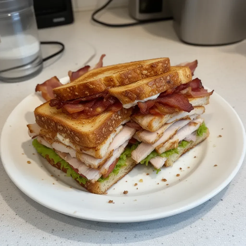 Crispy Ultimate Club Sandwich stacked with fresh ingredients and crispy bacon