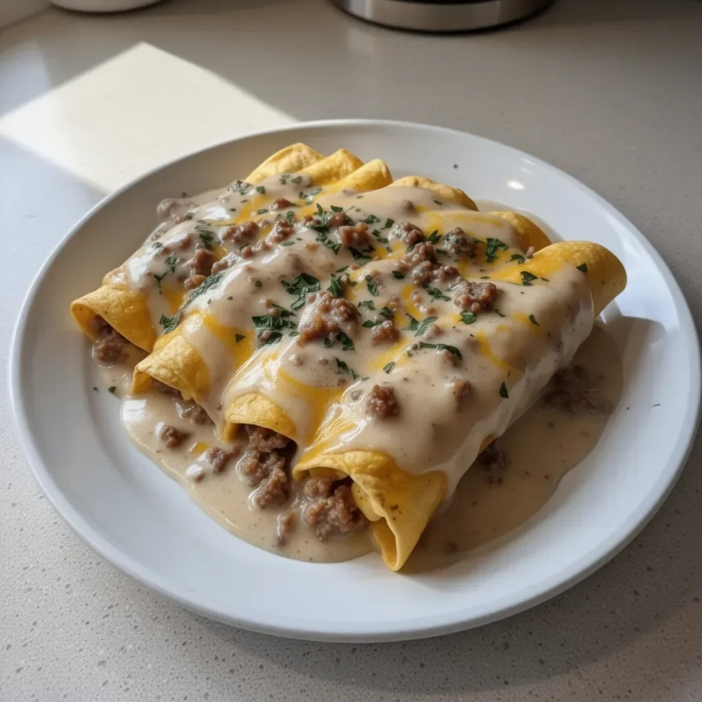 A plate of delicious breakfast enchiladas topped with sausage gravy