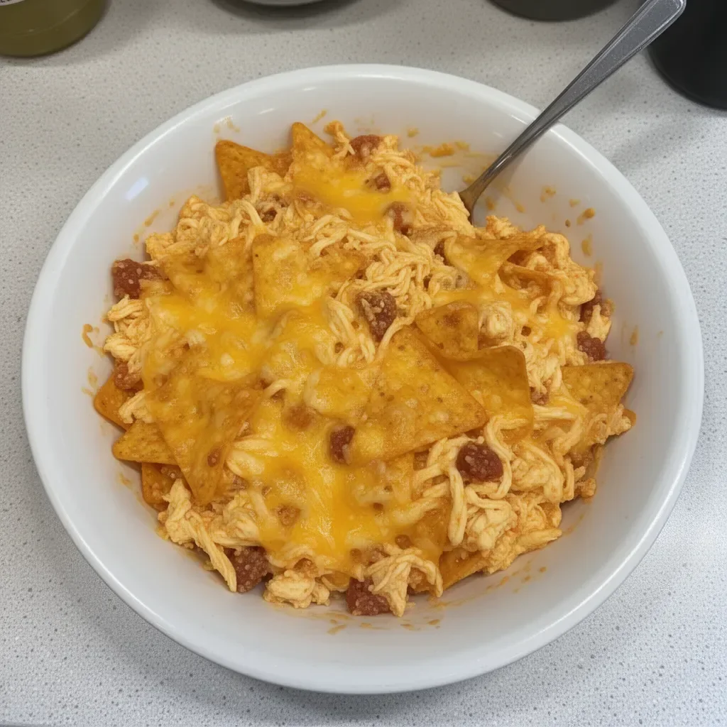 A delicious serving of Dorito Chicken Casserole topped with cheese and Doritos.