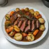 Easy baked rump roast served with rich gravy and fresh vegetables