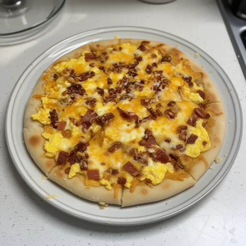 Delicious easy breakfast pizza topped with eggs, cheese, and vegetables.