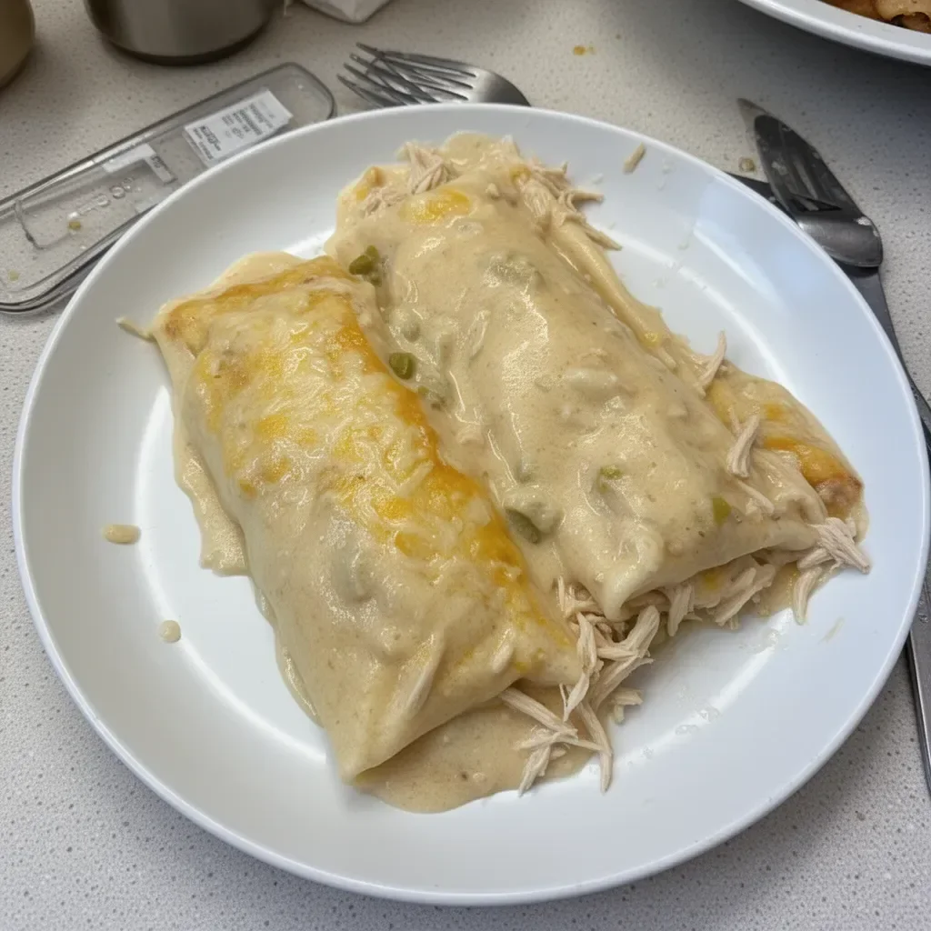 Delicious creamy white chicken enchiladas topped with cheese and cilantro