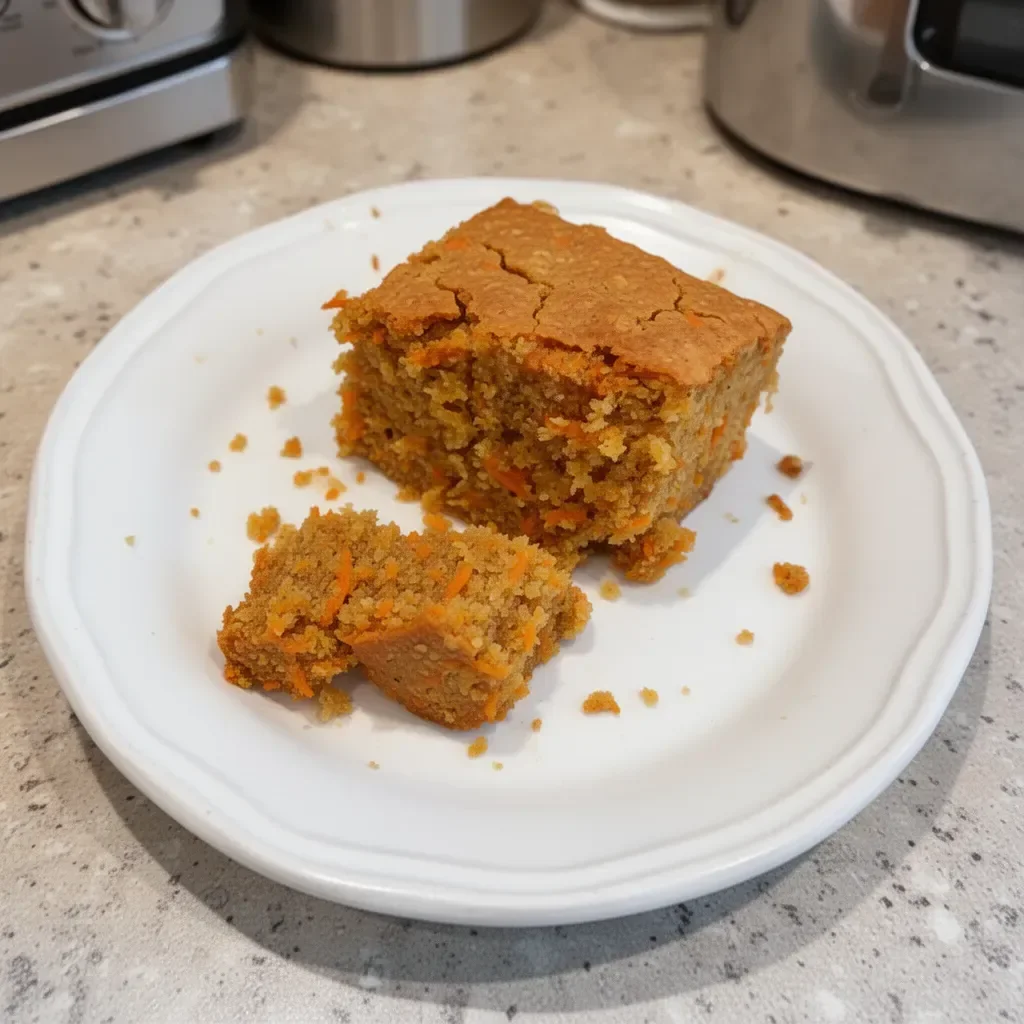 Delicious slice of flourless oatmeal carrot cake topped with cream cheese frosting