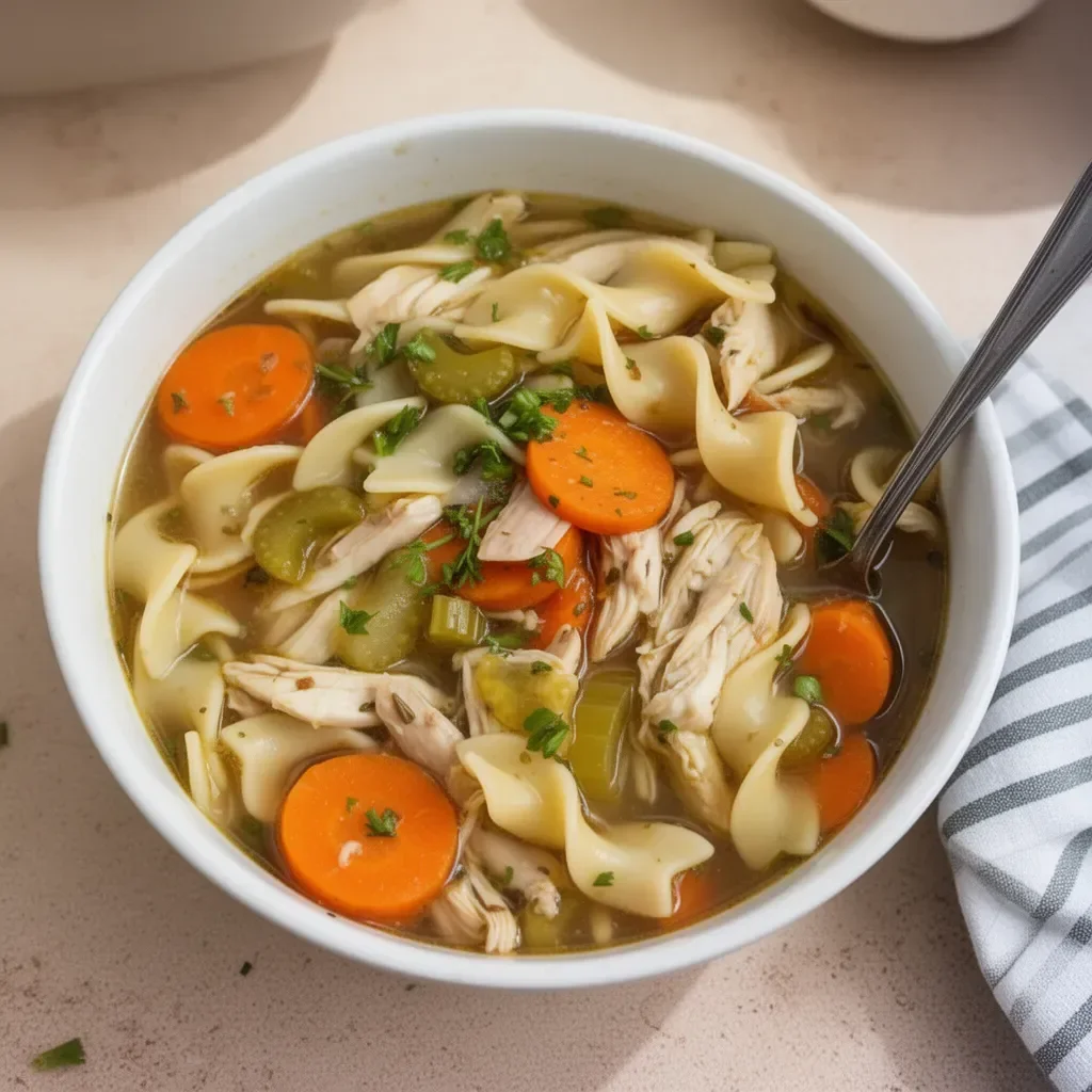 Bowl of easy rotisserie chicken noodle soup with fresh herbs and noodles