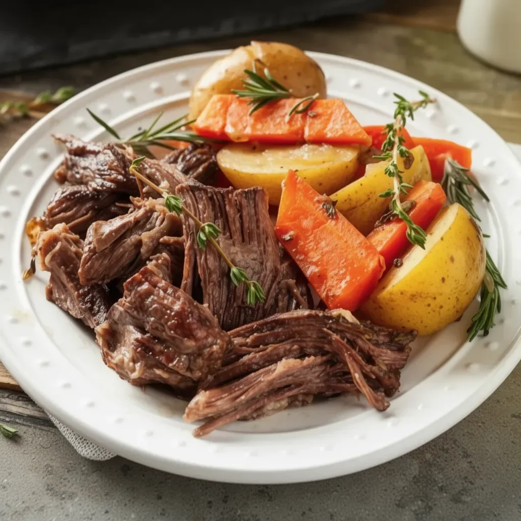 Delicious slow cooker pot roast with vegetables ready to serve