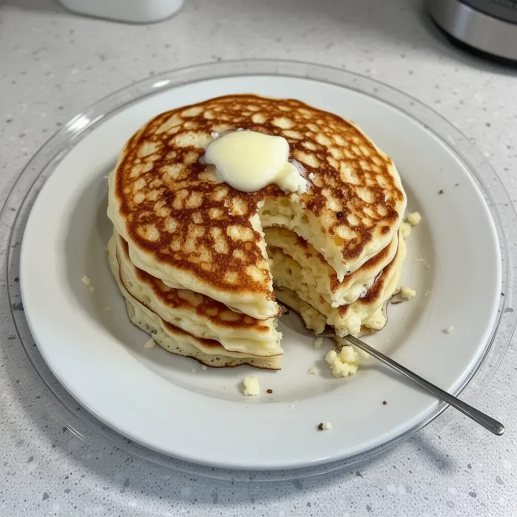 Flourless cottage cheese pancakes stacked on a plate with fresh fruits