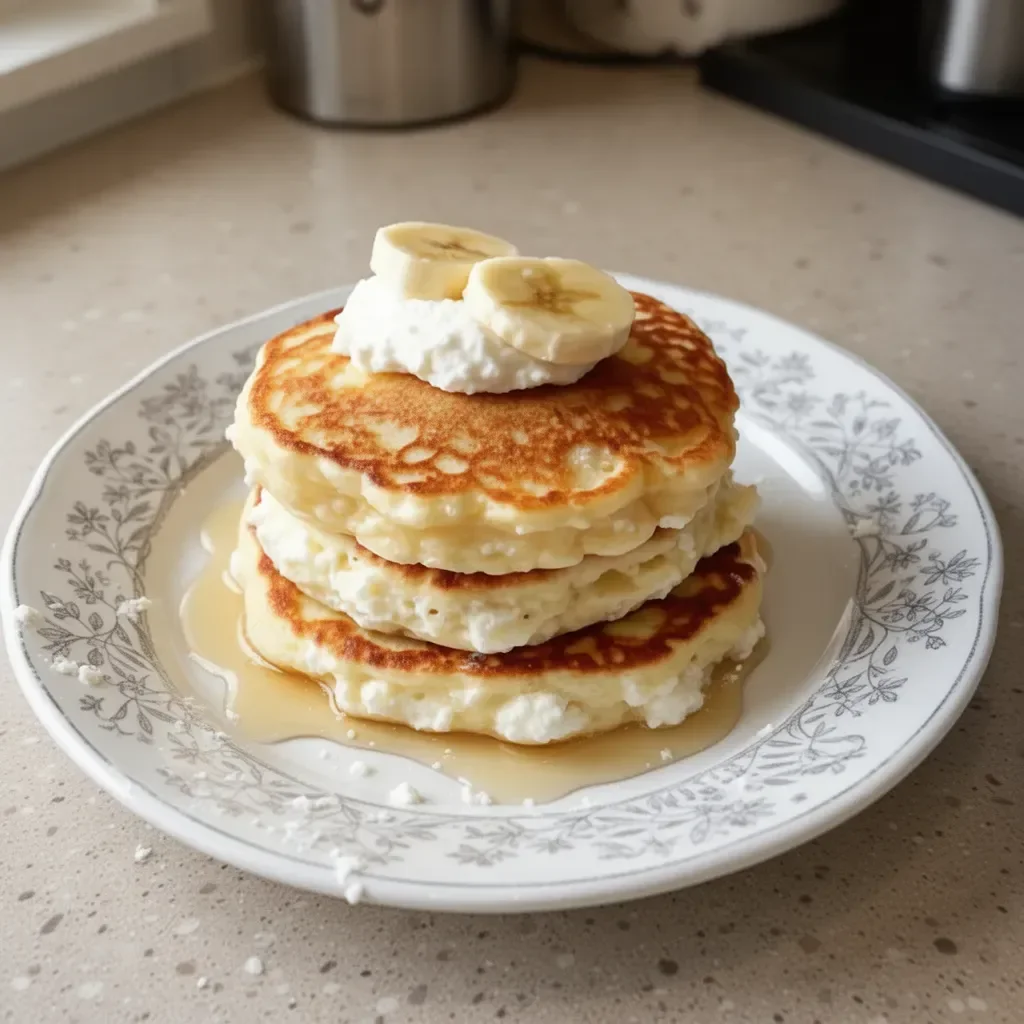 Fluffy banana cottage cheese pancakes stacked on a plate