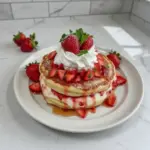 Fluffy strawberry cheesecake pancakes topped with fresh strawberries and whipped cream
