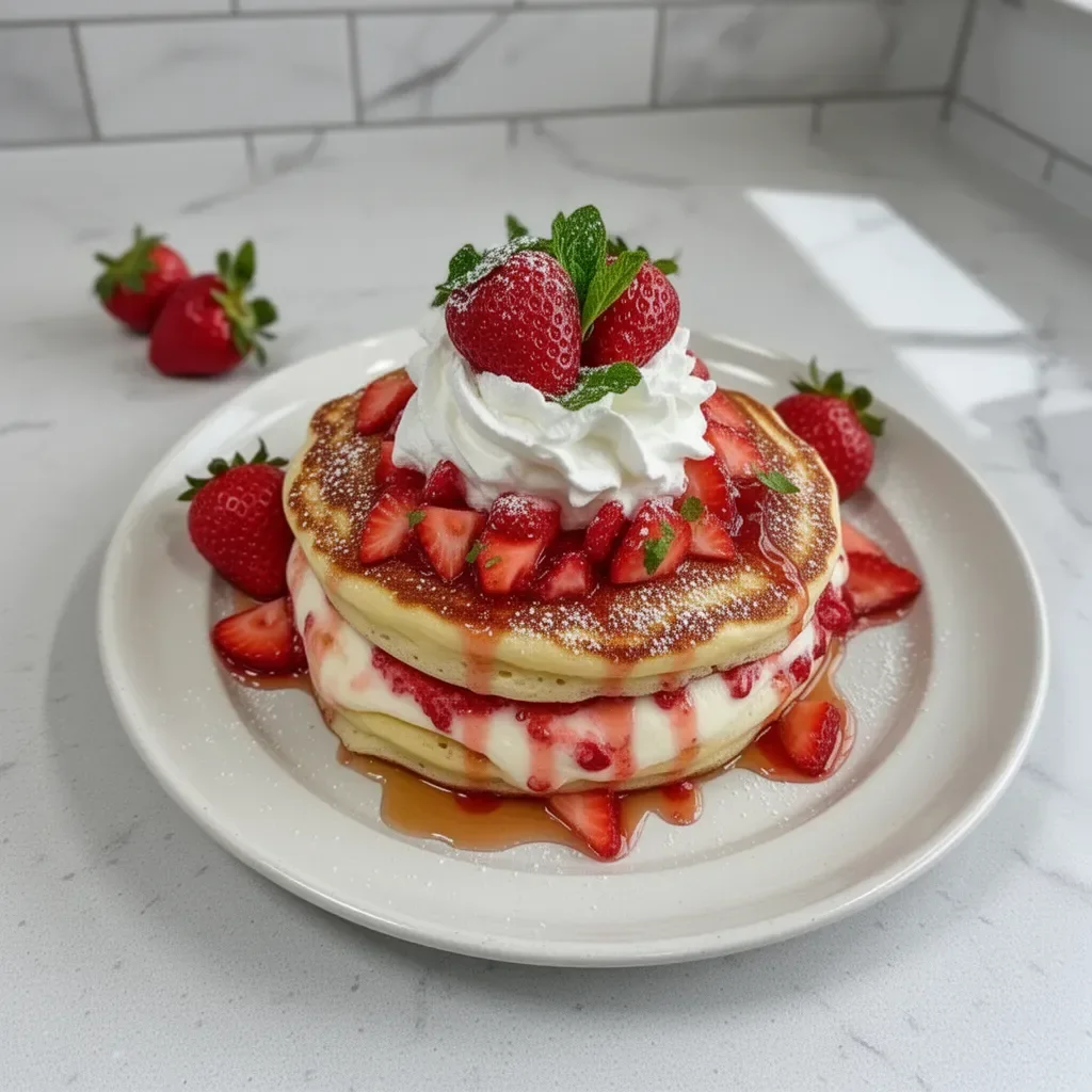 Fluffy strawberry cheesecake pancakes topped with fresh strawberries and whipped cream