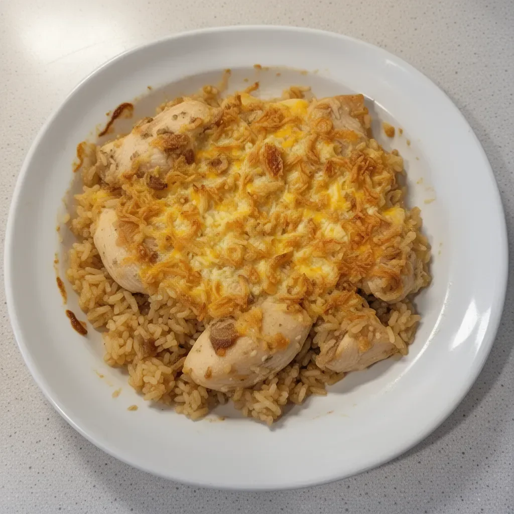 French onion chicken and rice bake served in a casserole dish with cheese.