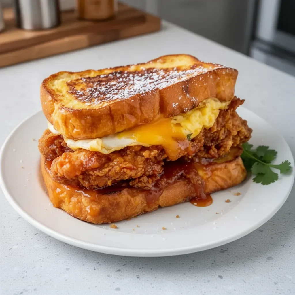 French Toast Fried Chicken Sandwich with crispy chicken and syrup drizzle